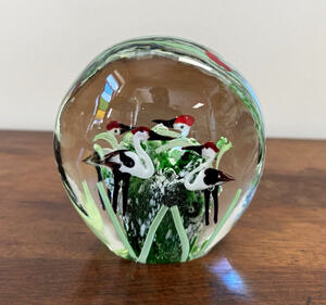 Vintage Art Glass Paperweight Crane Birds Pond Scene Hand Blown 4" Heavy